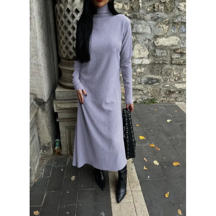 Boğazlı kalın bürümcük uzun elbise gri