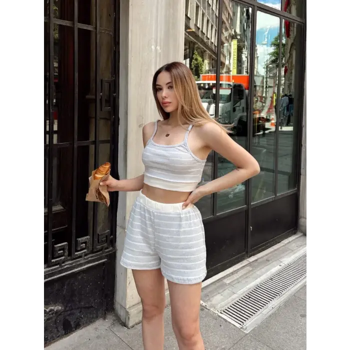 Çizgili şortlu takım gri s3978