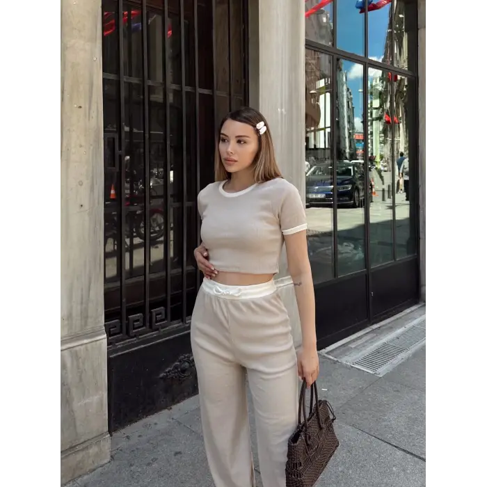 Crop pantolon biyeli takım bej