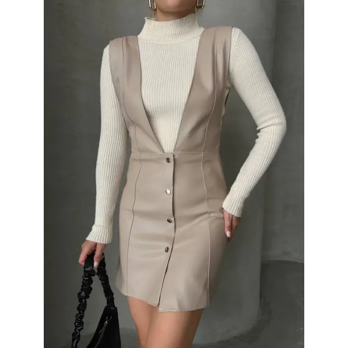 Deri jile elbise bej w24796