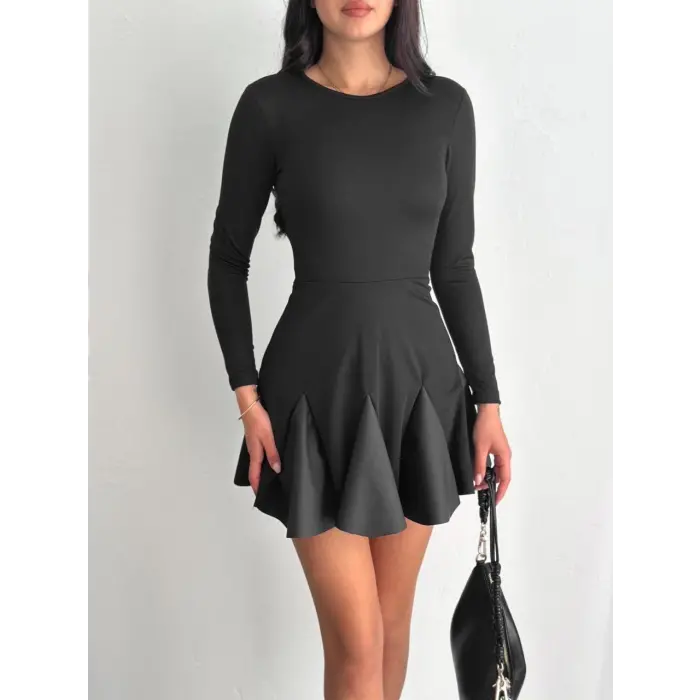 Eteği kloş crep mini elbise s1267