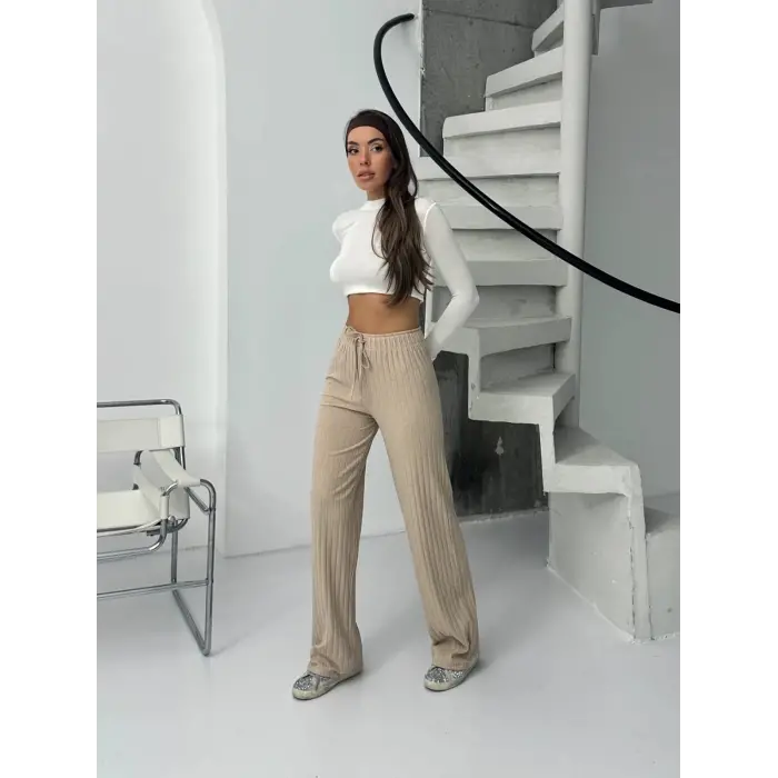 Fitilli şardonlu pantolon bej a4058