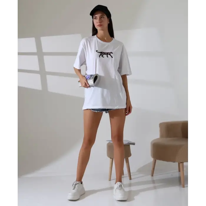 Kaplan nakış işlemeli Oversize tişört