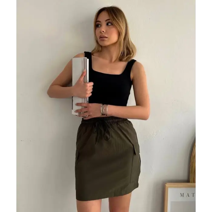 Kargo cep ince paraşüt etek haki s241019