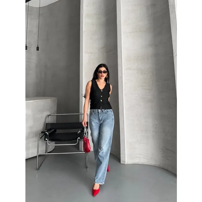 Palazzo straight kar yıkama jeans pantolon mavi d2008