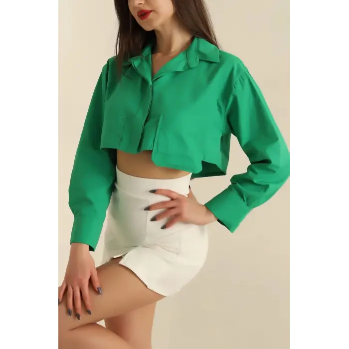 Poplin crop gömlek yeşil s3060
