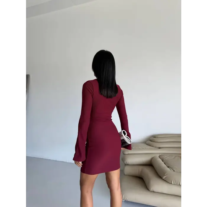 Prenses kol esnek kumaş elbise bordo f2334