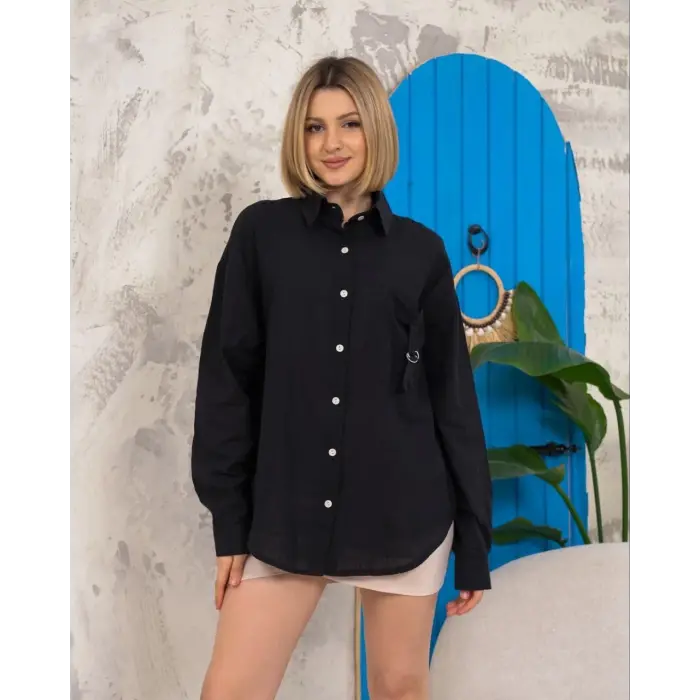 Relax fit keten gömlek siyah s255349