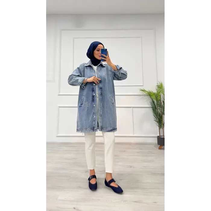 Taşlı tunik ceket kar yıkama orta mavi d2516