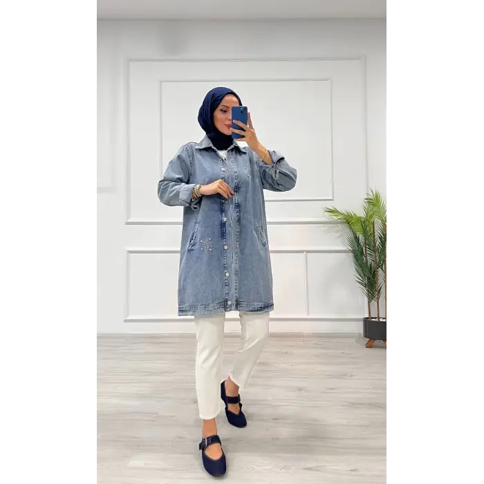 Taşlı tunik ceket kar yıkamalı mavi d2516