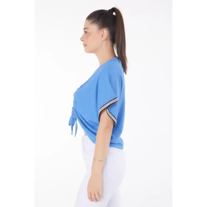 V yaka büzgülü detaylı bluz