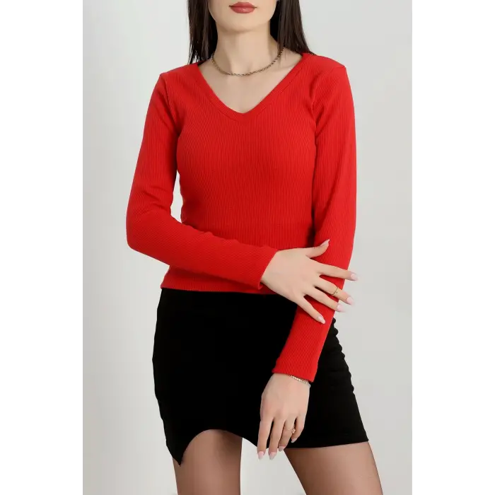 V yaka kaşkorse bluz kırmızı a3699