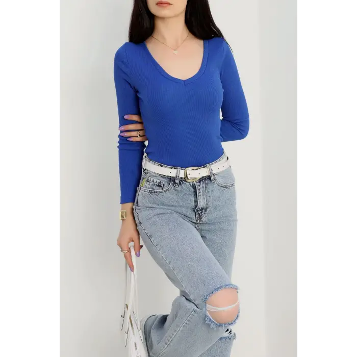 V yaka kaşkorse bluz saks mavisi a3699