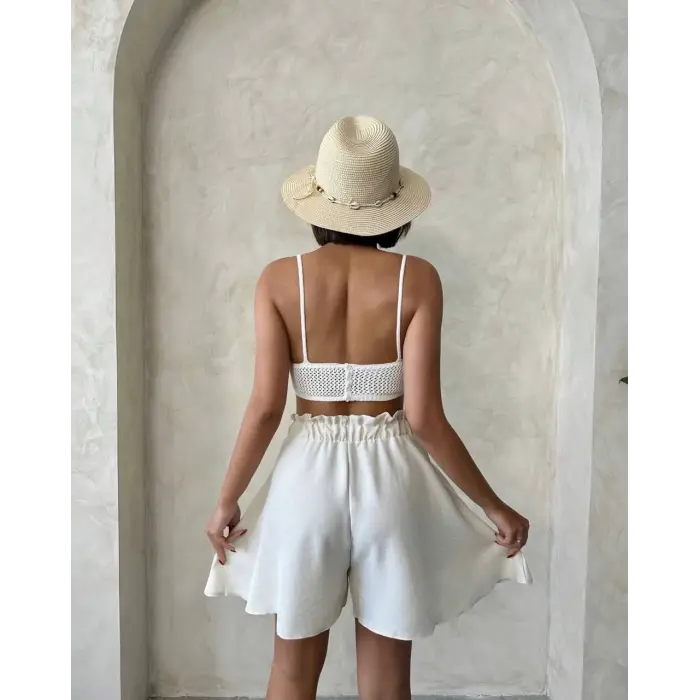 Volanlı keten şort bej s255058