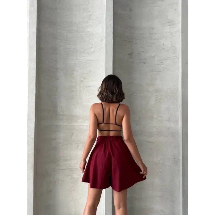 Volanlı keten şort bordo s255058