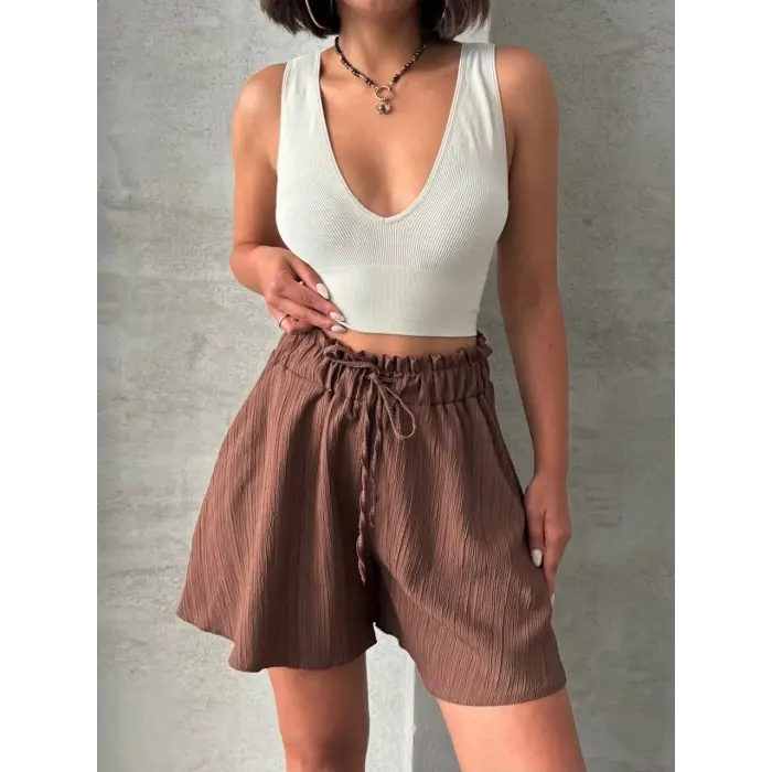 Volanlı keten şort kahve s255058