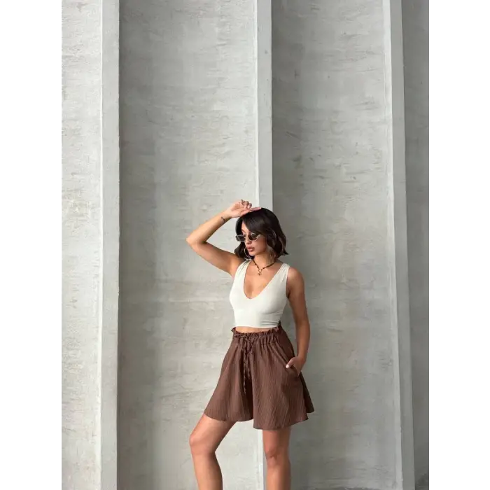 Volanlı keten şort kahve s255058