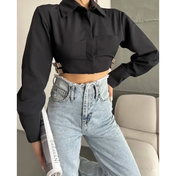 Yanı kemer detaylı crop gömlek siyah s4009