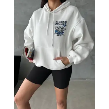 3 iplik şardonlu oversize kafa baskılı sweat beyaz
