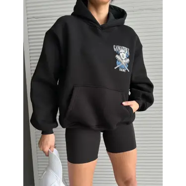3 iplik şardonlu oversize kafa baskılı sweat siyah