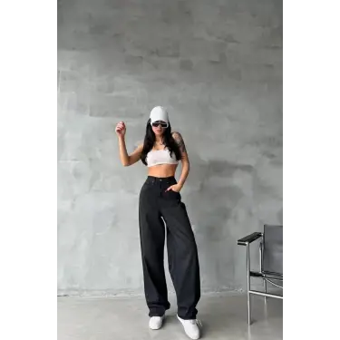 Arkadan tokalı jeans pantolon Siyah