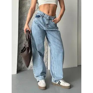 Baggy kar yıkama orta mavi jeans pantolon d2007