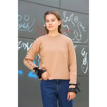 Boncuklu bile detaylı kazak vizon