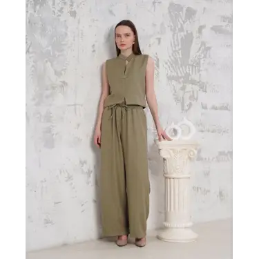 Broşlu yelek pantolon takım haki s255821