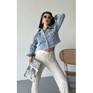 Çift kapaklı püsküllü crop buz mavi d2002