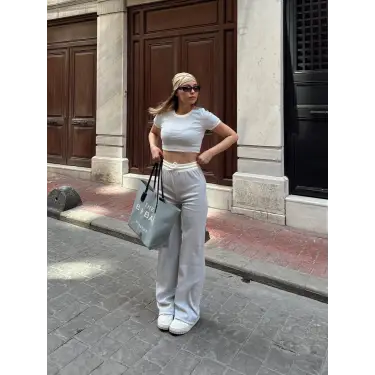 Crop pantolon biyeli takım gri