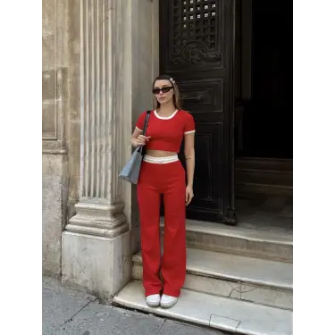 Crop pantolon biyeli takım kırmızı