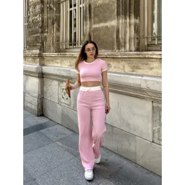 Crop pantolon biyeli takım pembe