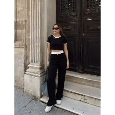 Crop pantolon biyeli takım siyah