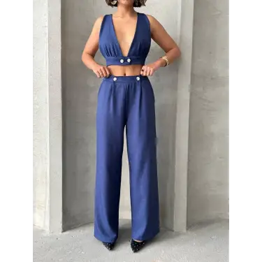 Crop pantolon keten takım s255012