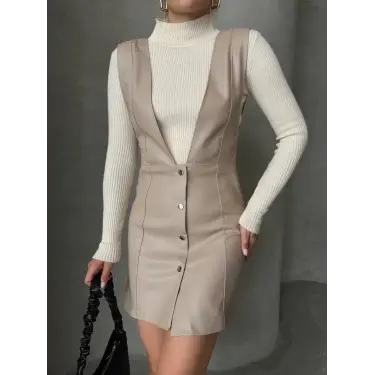 Deri jile elbise bej w24796