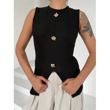 Kadın siyah bisiklet yaka gold düğmeli ottoman bluz s2310
