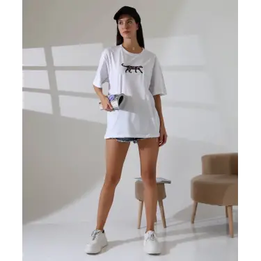 Kaplan nakış işlemeli Oversize tişört