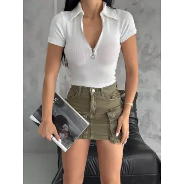 kaşkorse yaka fermuarlı bluz beyaz