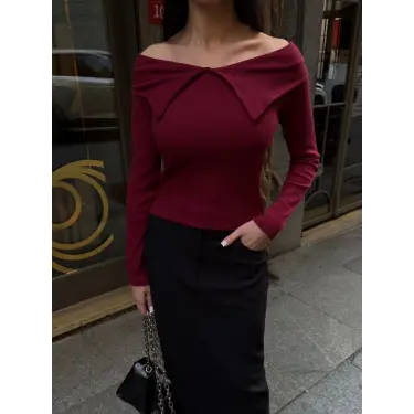 Kelebek yaka uzun kol bluz bordo