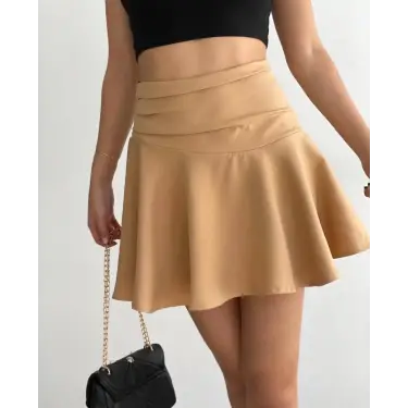 Kemerden büzgülü etek camel
