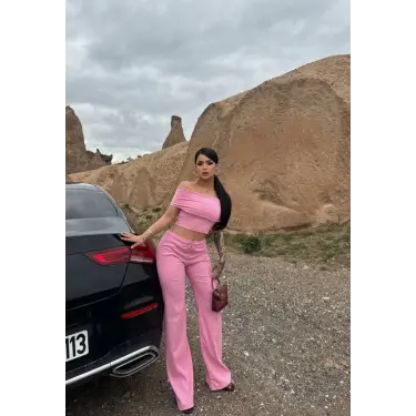 Madonna yaka bol paça pantolonlu takım