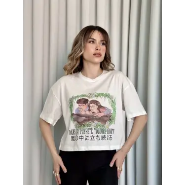 Oversize Beyaz baskılı crop tişört
