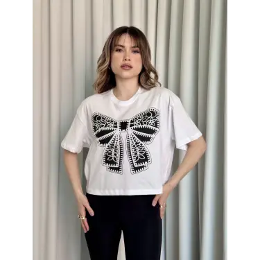 Oversize Beyaz baskılı crop tişört