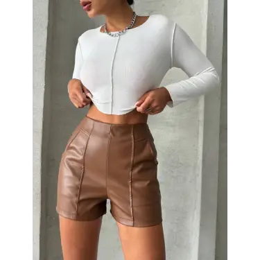 Parçalı cepli deri şort taba w26312
