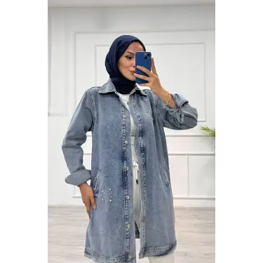 Taşlı tunik ceket kar yıkama orta mavi d2516