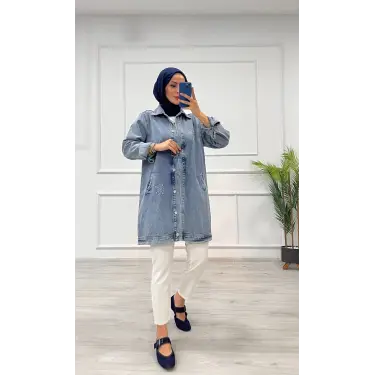 Taşlı tunik ceket kar yıkamalı mavi d2516