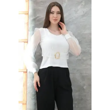 Tokalı tül kollu bluz beyaz t4071