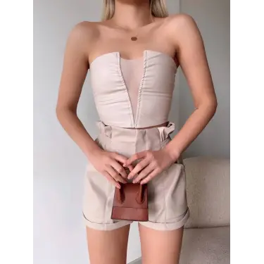 Tüllü deri crop bej w24615