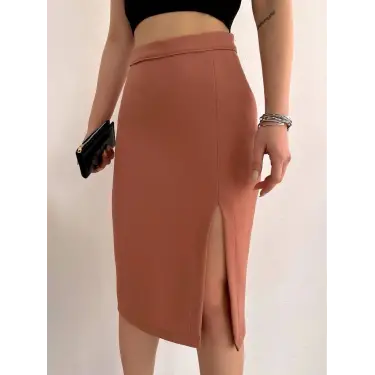 Uzun midi boy yırtmaçlı etek somon s24907