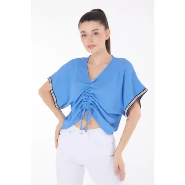 V yaka büzgülü detaylı bluz